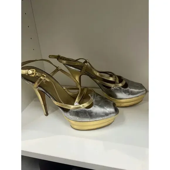 Miu Miu Silver and Gold Leather Platform Heels - Size 39 - Picture 3 of 5